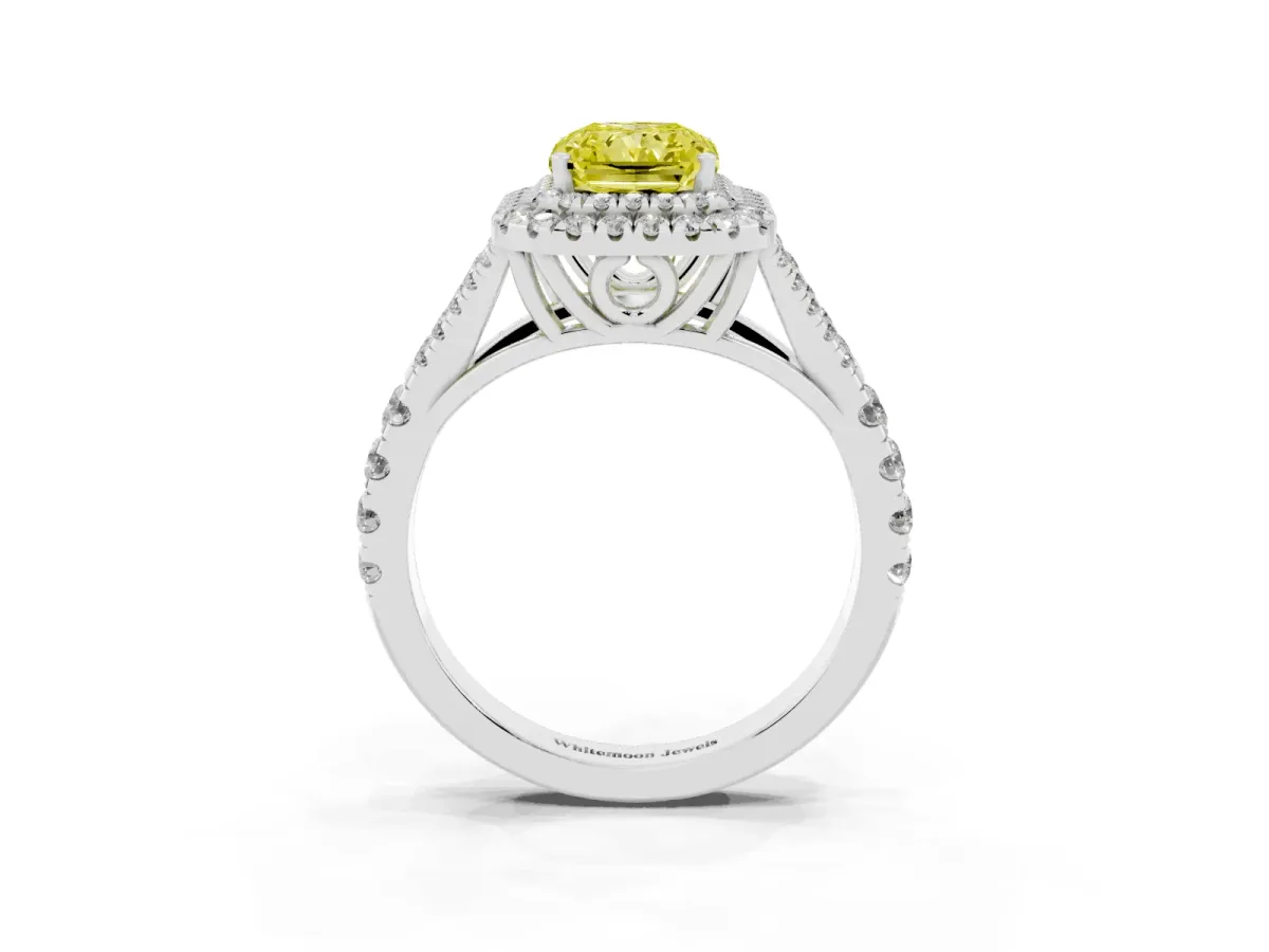 Fancy Yellow Double Halo Radiant Cut Diamond Split Shank Engagement Ring with Four-Prong Setting Silver