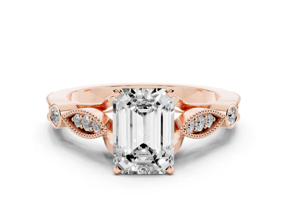 Emerald Cut Cut Diamond with Milgrain Marquise and Bezel Accents on a Solitaire Band with Prong Setting Rose gold