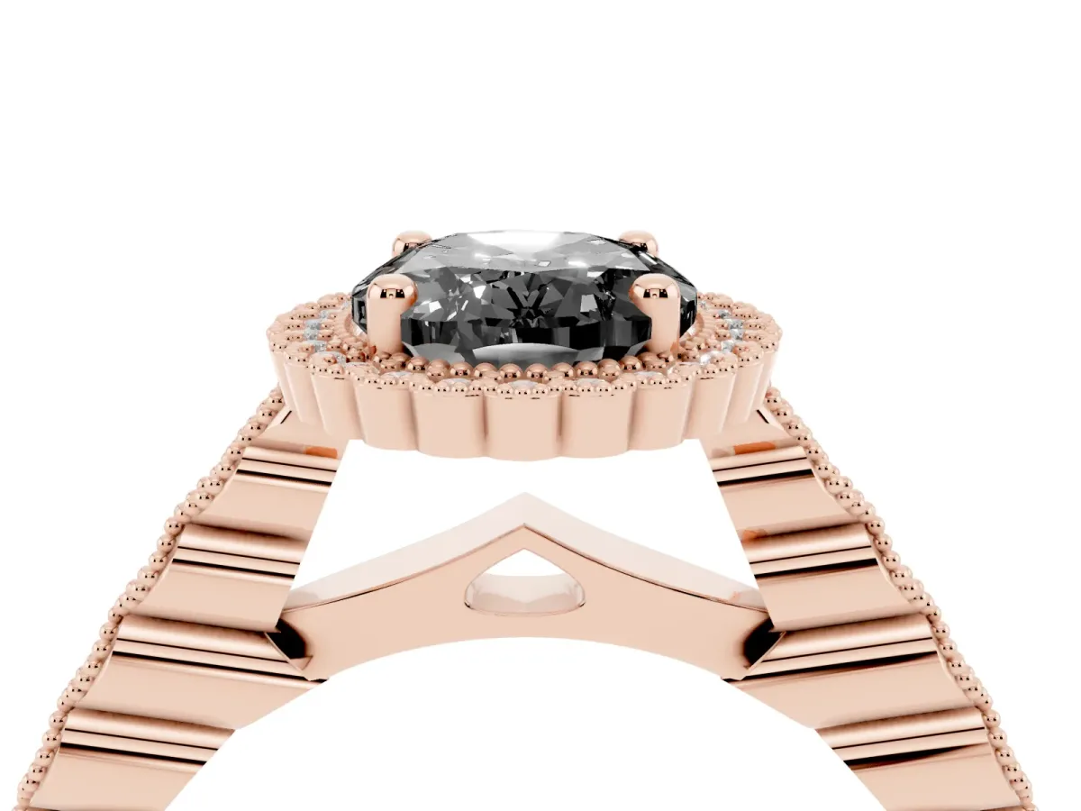 Fancy Black Oval Cut Cut Halo Pavé Solitaire Ring with Milgrain Band Rose gold
