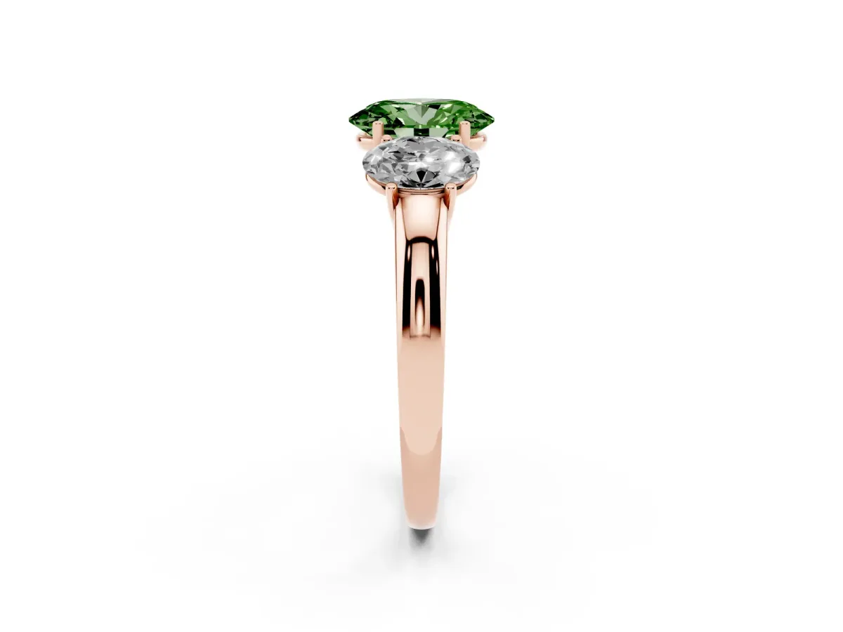 Fancy Green Oval Cut Diamond Three-Stone Ring with Four-Prong Setting and Classic Band Rose gold
