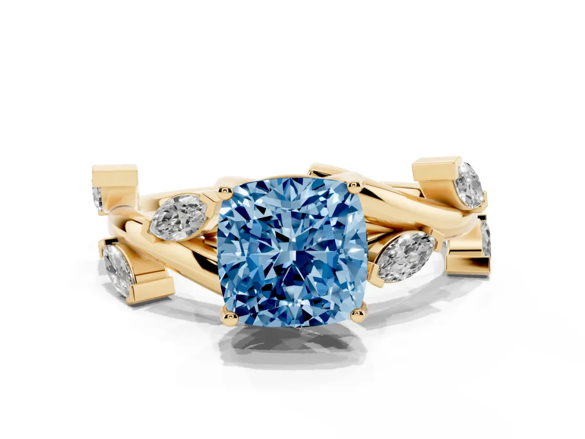 Fancy Blue Cushion Cut Solitaire Twisted Band Marquise Accent Prong Setting Ring Yellow gold