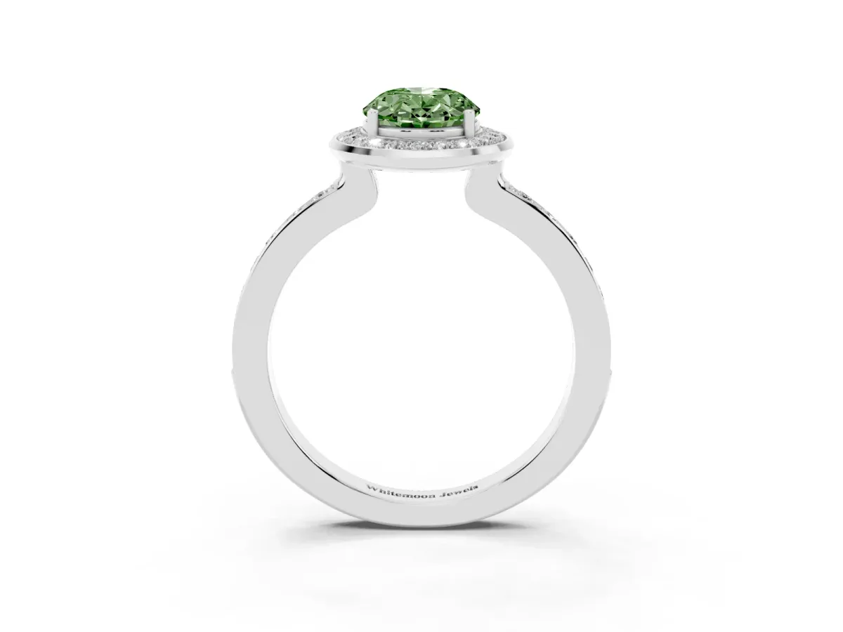Fancy Green Oval Cut Diamond Halo Ring with Bezel Frame and Pavé Band Silver