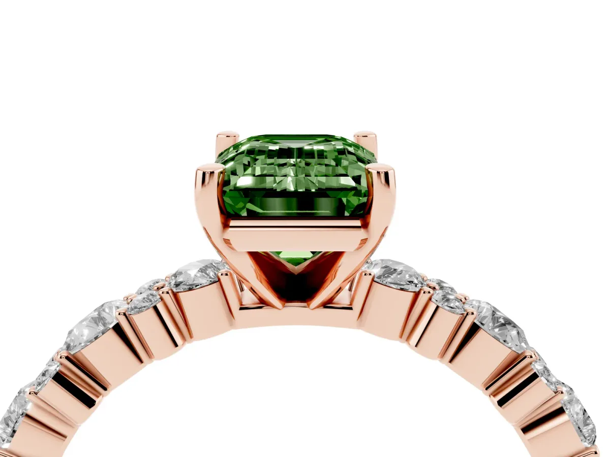 Fancy Green Emerald Cut Diamond Side Stone Solitaire Ring with Round and Four-Prong Setting Rose gold