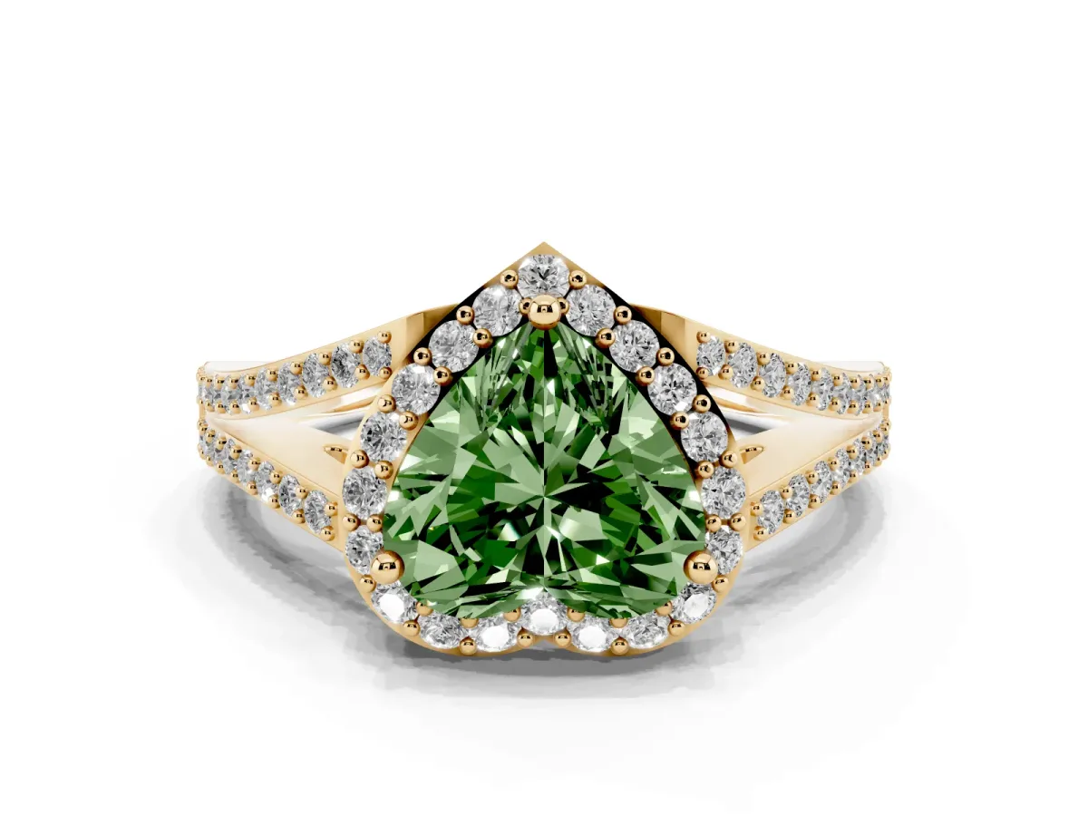 Fancy Green Heart Cut Halo Split Shank Pave Diamond Ring with Four-Prong Setting Yellow gold