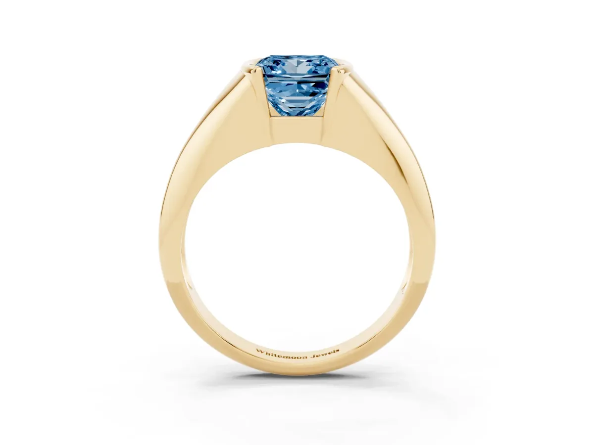 Fancy Blue Princess Cut Solitaire Tension Set Diamond Ring Yellow gold