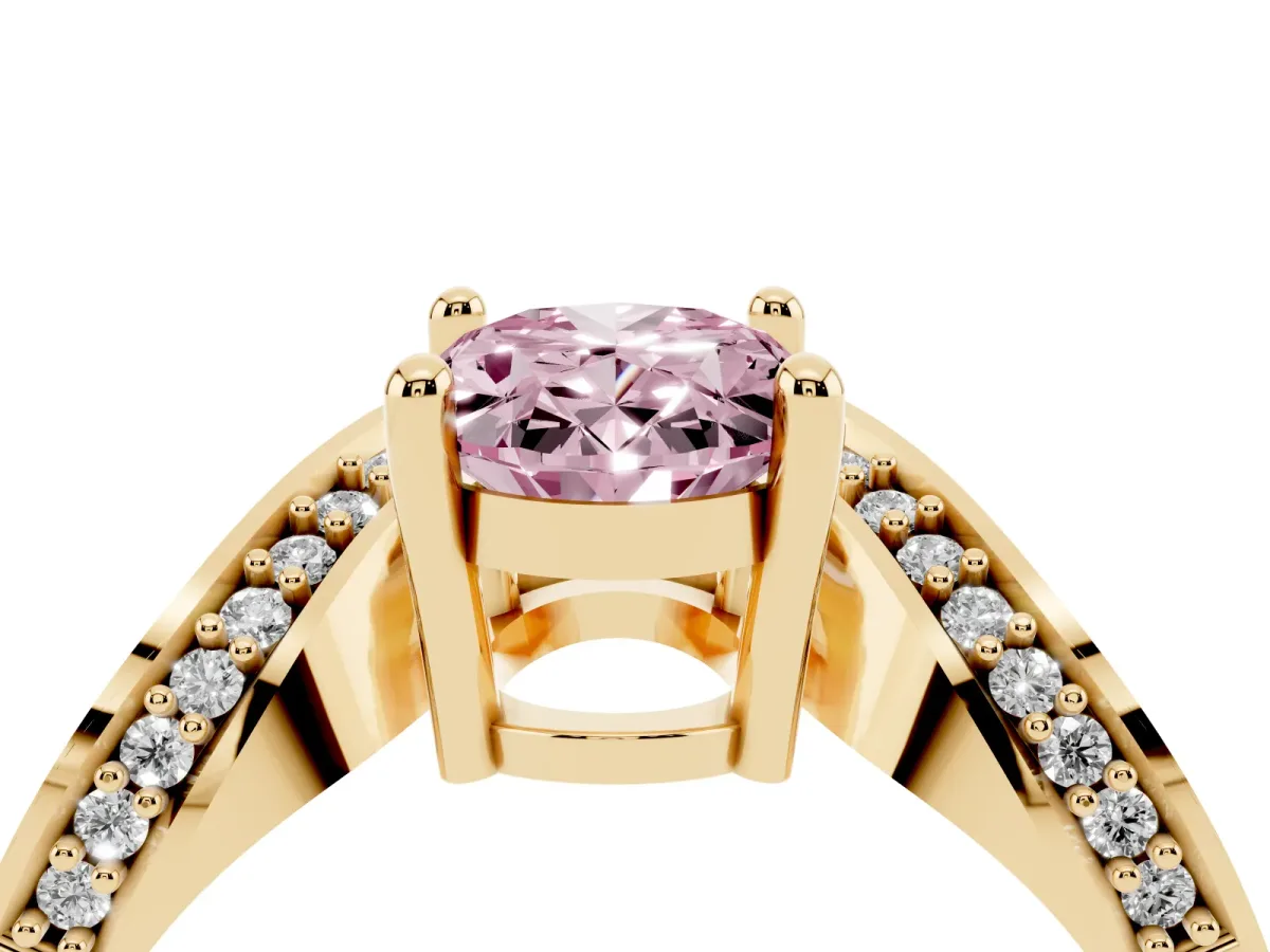 Fancy Pink Oval Cut Solitaire Diamond Engagement Ring with Pave Band and Four-Prong Setting Yellow gold