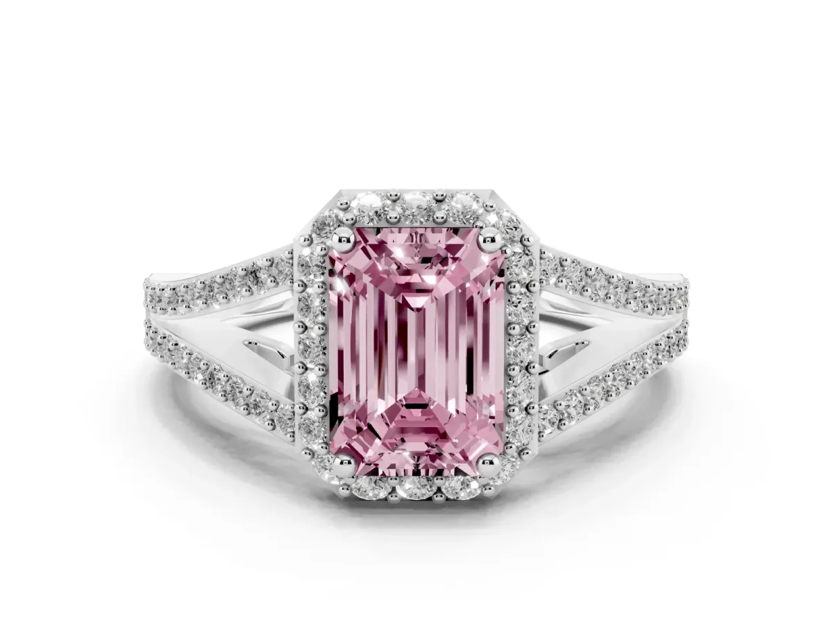 Fancy Pink Emerald Cut Halo Split Shank Diamond Ring with Prong Setting Platinum