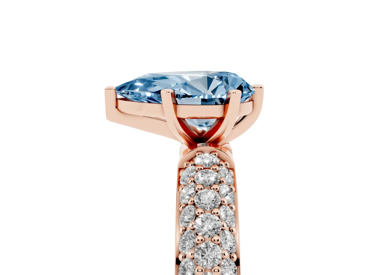 Fancy Blue Pear Cut Diamond Solitaire Ring with Prong Setting and Pavé Band Rose gold