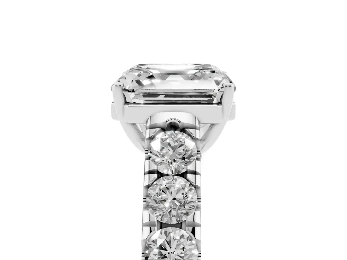 Asscher Cut Cut Diamond Solitaire Ring with Micro Pave Band and Prong Setting Silver