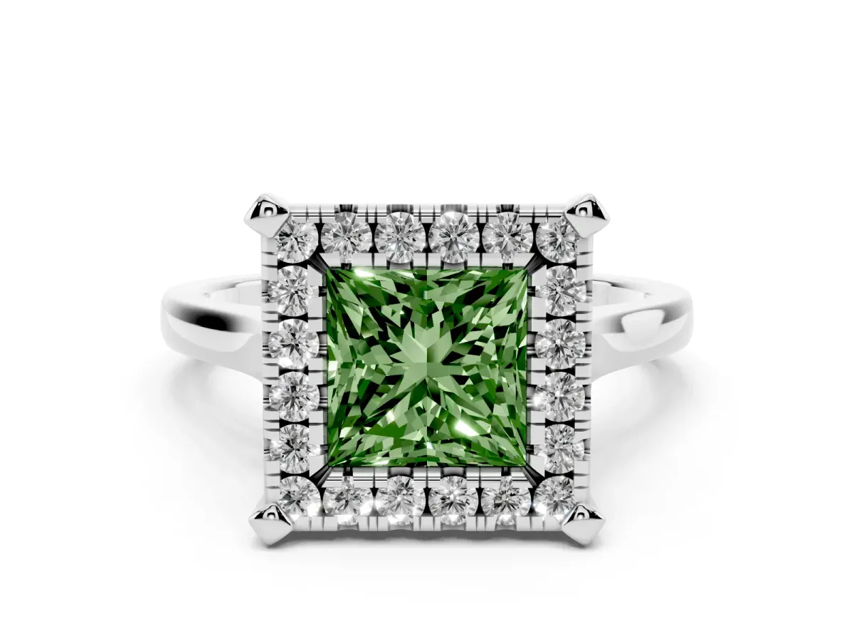 Fancy Green Princess Cut Diamond Cluster Halo Solitaire with Four-Prong Setting Silver
