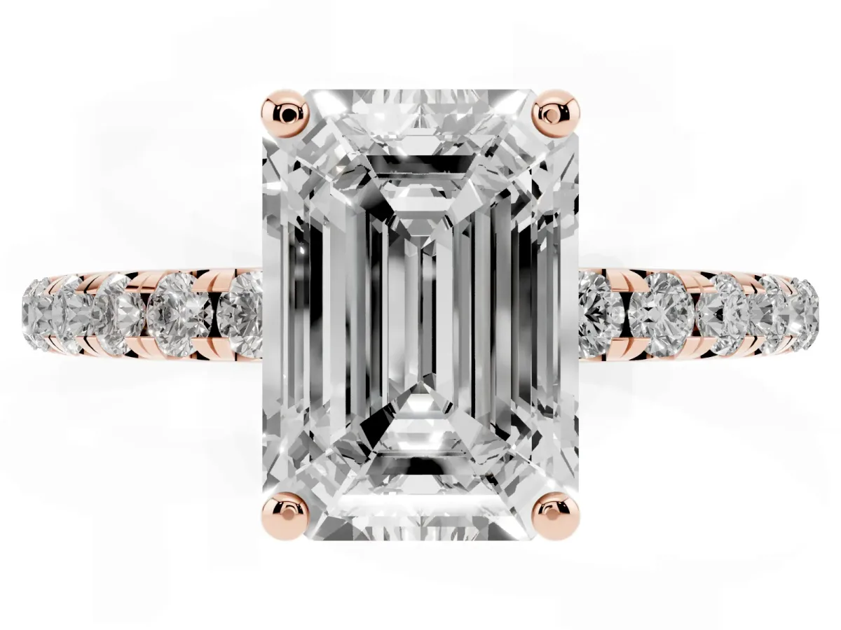 Emerald Cut Cut Diamond Solitaire Ring with Micro Pave Band and Four Prong Setting Rose gold