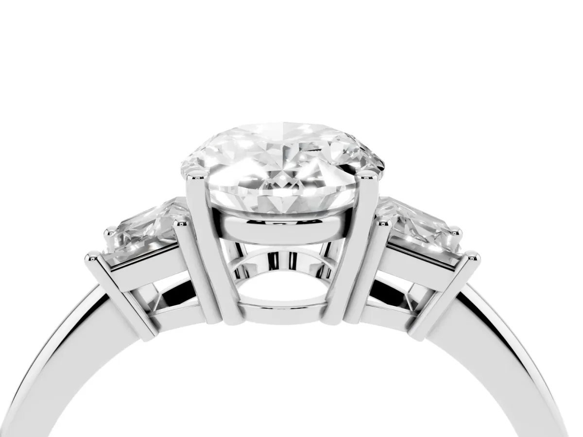 Oval Cut Diamond Three-Stone Ring with Trapezoid Side Stones and Prong Setting Platinum