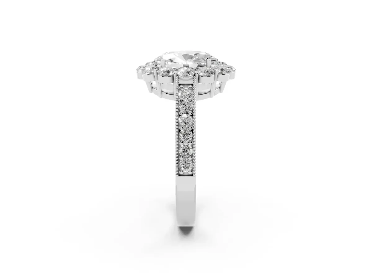 Oval Cut Cut Halo Diamond Pavé Engagement Ring with Milgrain Detailing Silver