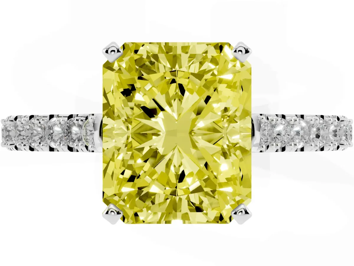 Fancy Yellow Radiant Cut Cut Solitaire Diamond Engagement Ring with Pave Band and Four-Prong Setting Platinum