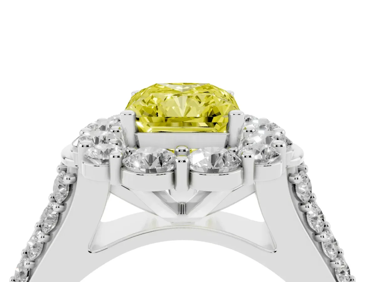 Fancy Yellow Radiant Cut Halo Diamond Engagement Ring with Split Shank and Prong Setting Silver