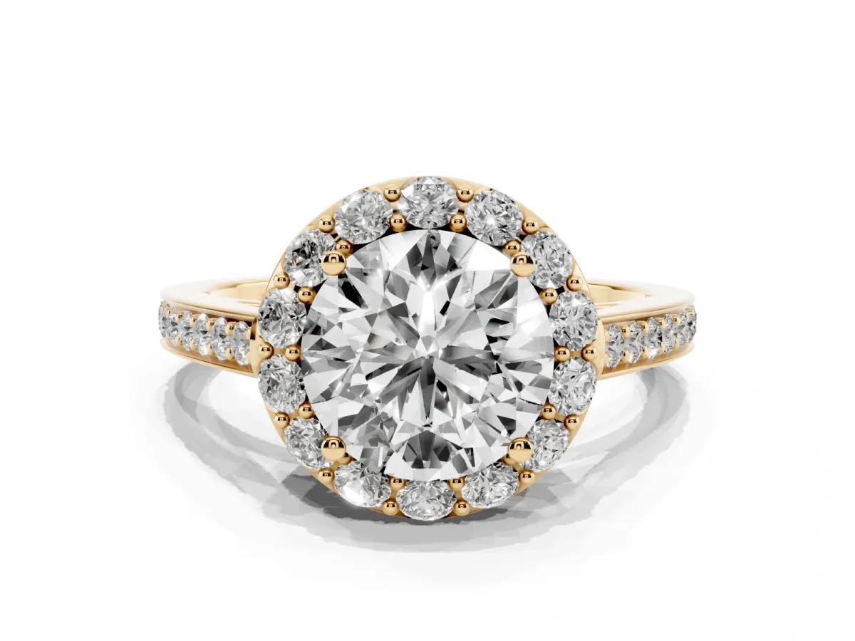 Round Cut Diamond Floral Halo Ring with Pavé Band and Prong Setting Yellow gold