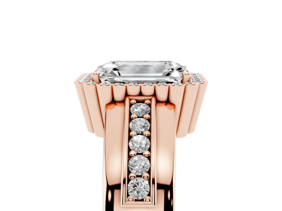 Emerald Cut Cut Halo Pave Band Four-Prong Ring Rose gold