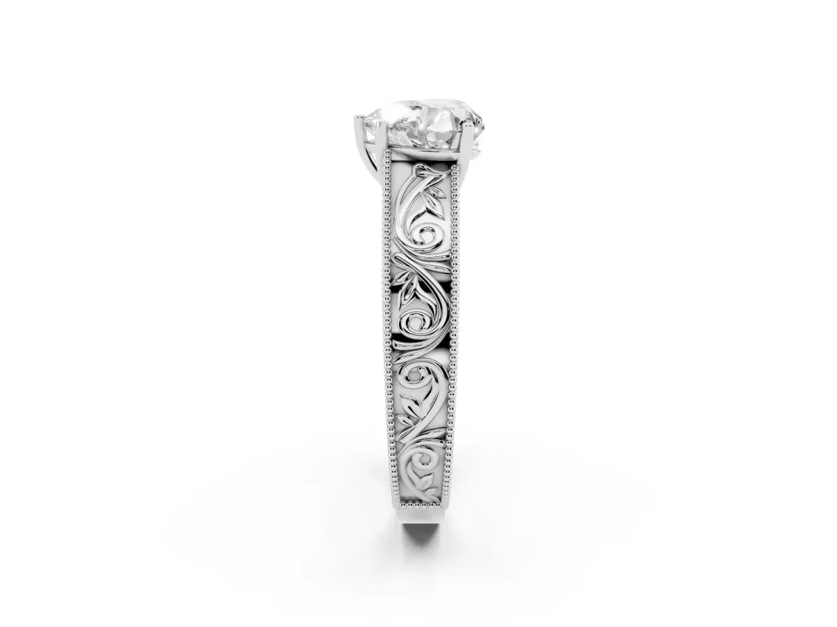 Heart Cut Diamond Solitaire Ring with Engraved Band and Four-Prong Setting White gold