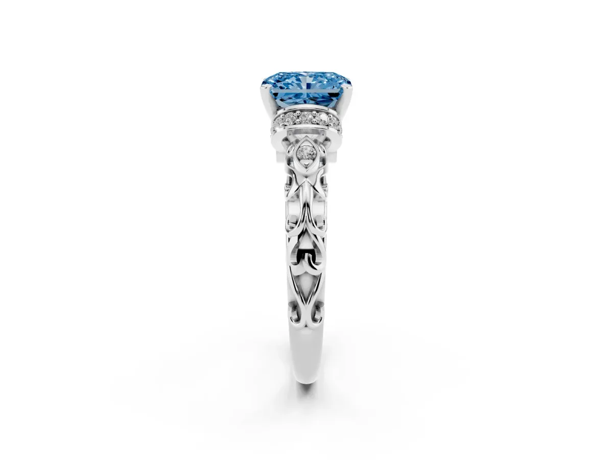Fancy Blue Radiant Cut Diamond Solitaire Ring with Filigree Band and Four-Prong Setting Silver
