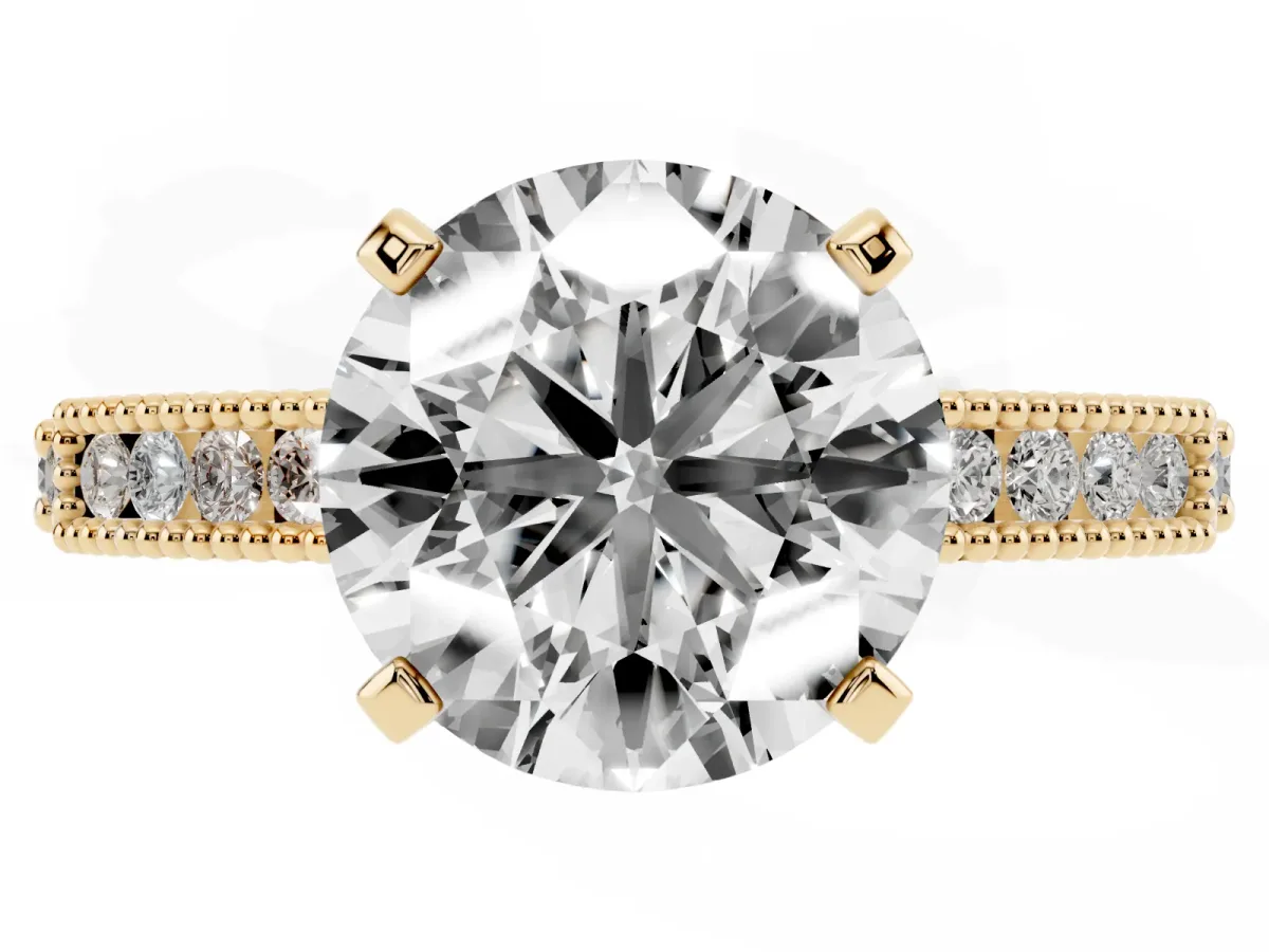 Round Cut Solitaire with Pavé Band and Four-Prong Setting Yellow gold