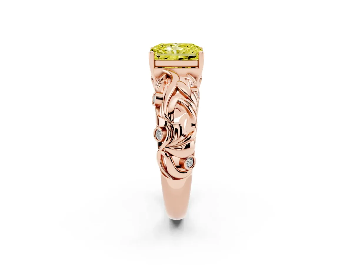 Fancy Yellow Radiant Cut Solitaire Diamond Leaf-Inspired Vine Band Ring with Prong Setting Rose gold