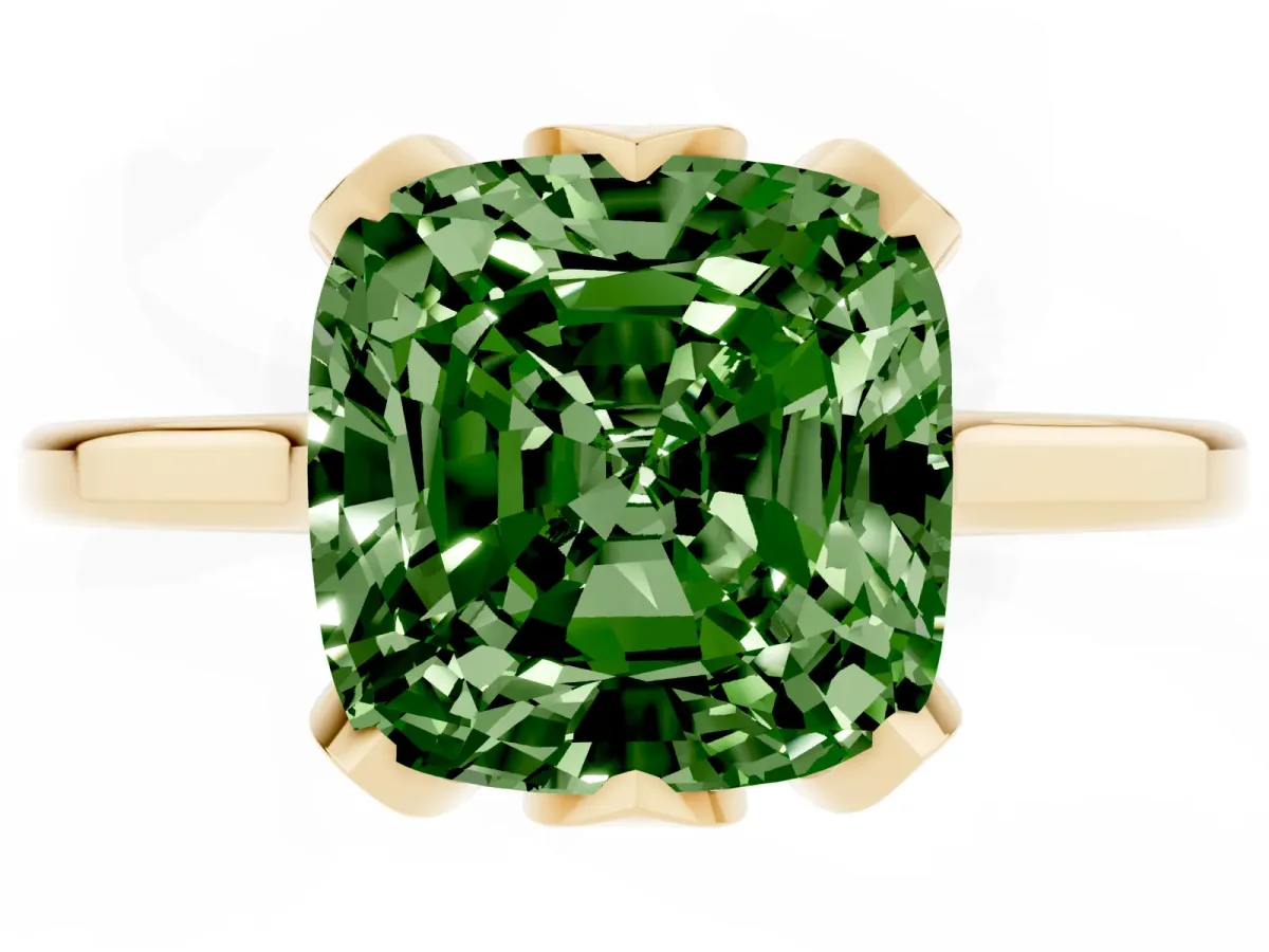 Fancy Green Cushion Cut Diamond Solitaire Ring with Flower Prong Setting and Classic Band Yellow gold