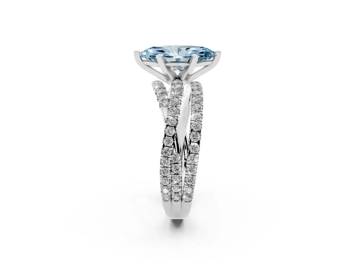 Fancy Blue Marquise Cut Solitaire Twist Band with Pavé Setting and Four-Prong Setting Silver