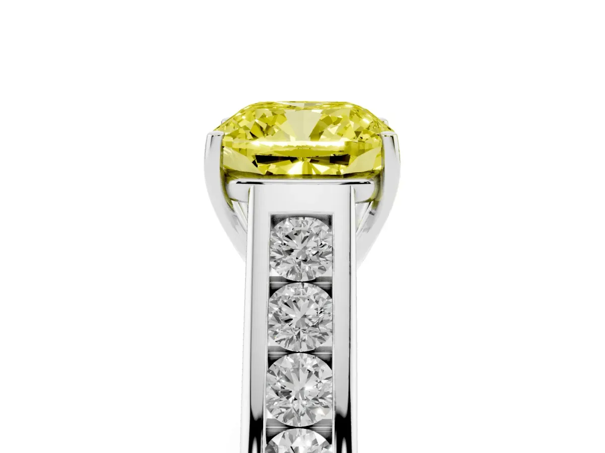 Fancy Yellow Cushion Cut Solitaire Channel-Set Diamond Engagement Ring with Four-Prong Setting Silver