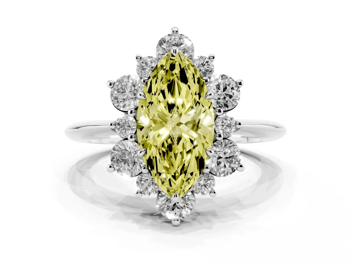 Fancy Yellow Marquise Cut Diamond Cluster Halo Ring with Solitaire Band and Four-Prong Setting Silver