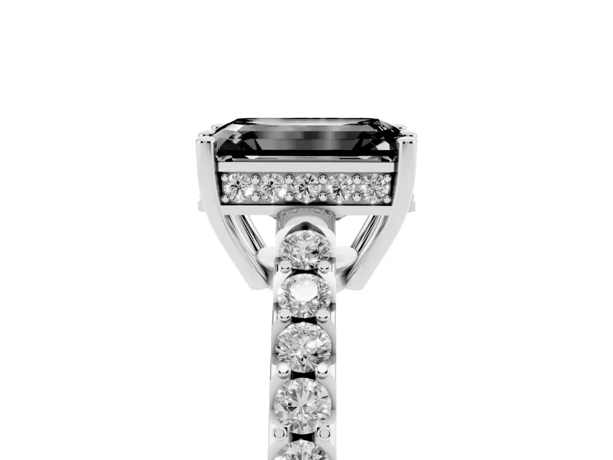 Fancy Black Emerald Cut Solitaire Diamond Engagement Ring with Pavé Band and Six-Prong Setting Platinum