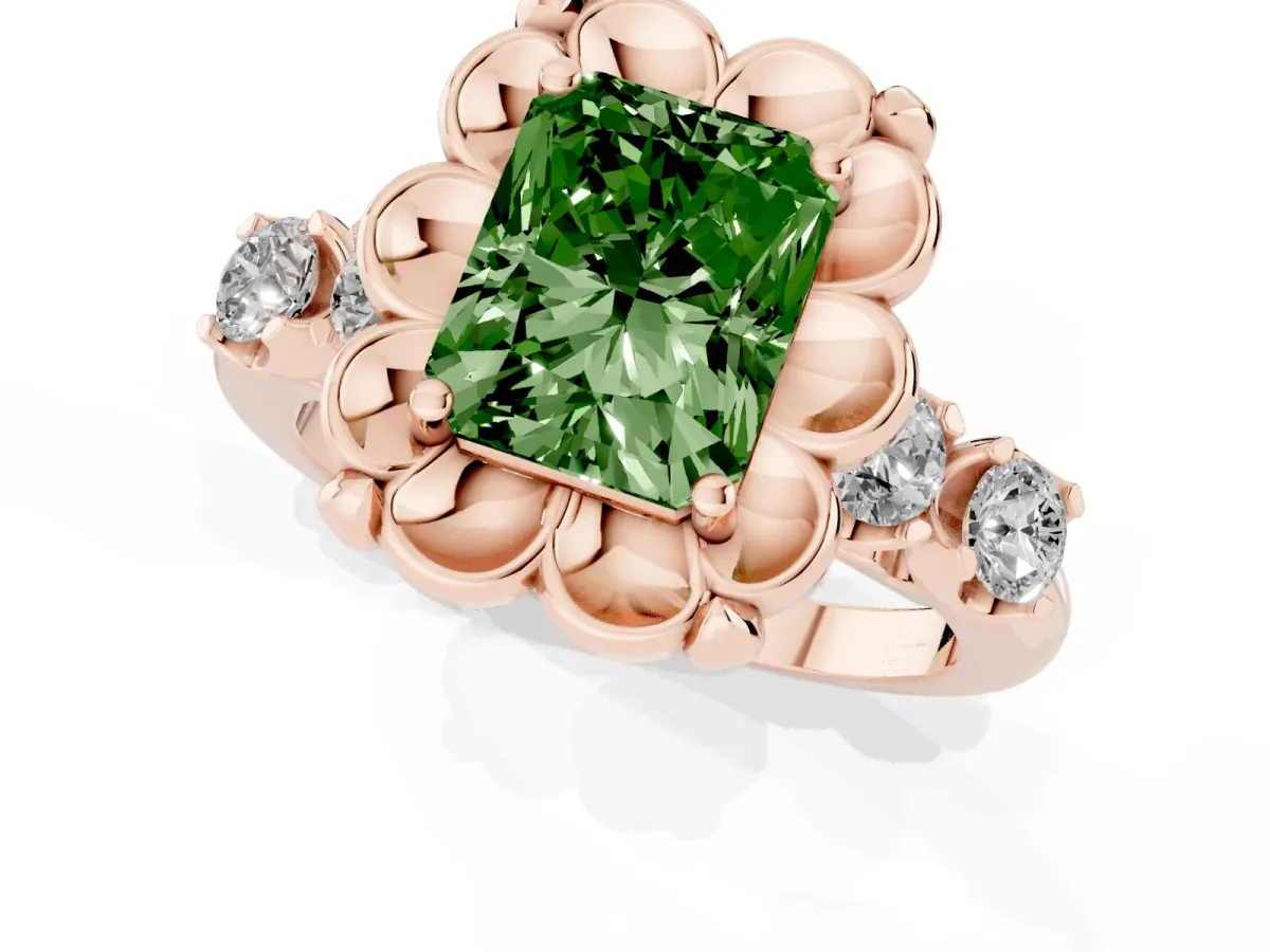 Fancy Green Radiant Cut Cut Diamond Floral Halo Engagement Ring with Shared Prong Setting Rose gold