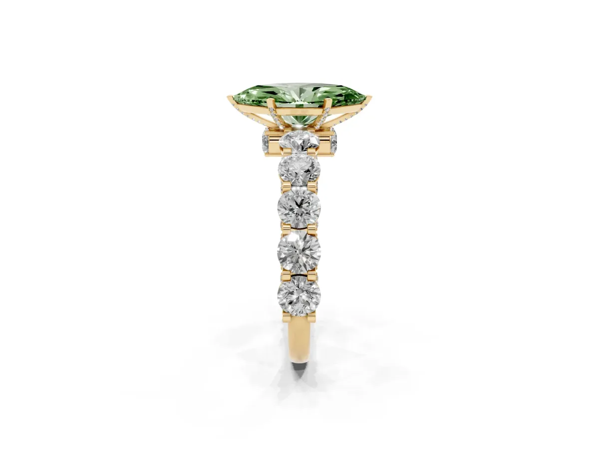 Fancy Green Marquise Cut Diamond Side Stone Engagement Ring with Four-Prong Setting Yellow gold