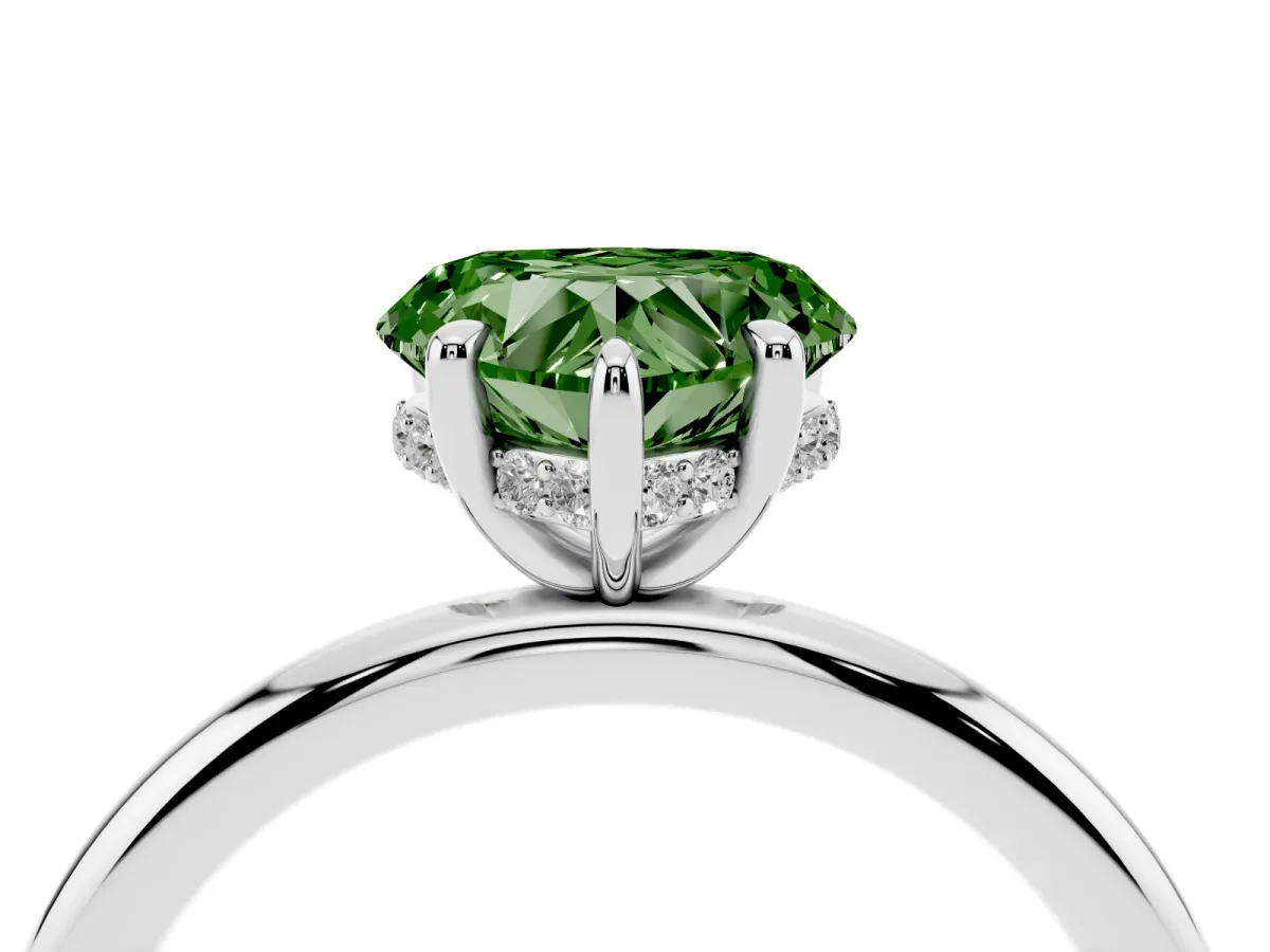 Fancy Green Heart Cut Diamond Solitaire Ring with Thin Band and Four-Prong Setting Platinum