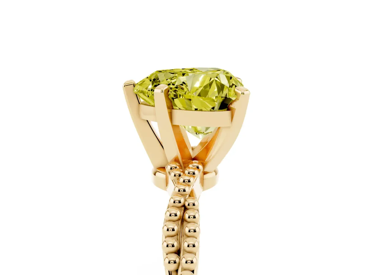 Fancy Yellow Heart Cut Solitaire Twisted Band with Bead Prong Setting Yellow gold