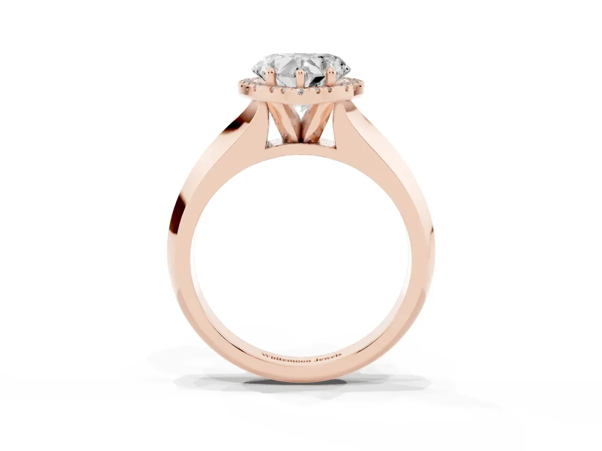 Heart Cut Halo Diamond Ring with Cathedral Band and Four-Prong Setting Rose gold