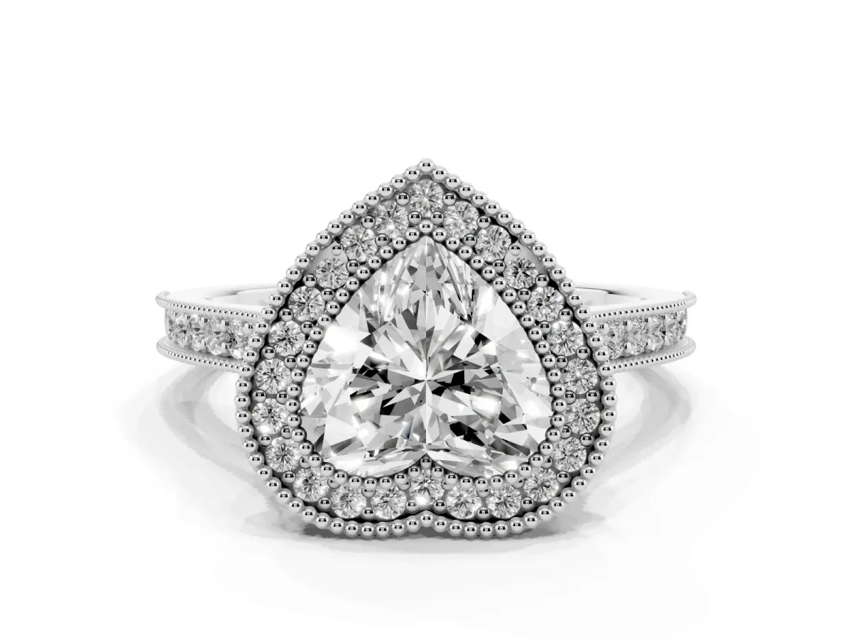 Halo Heart Cut-Cut Diamond Pave Band Milgrain Prong Setting Ring Silver