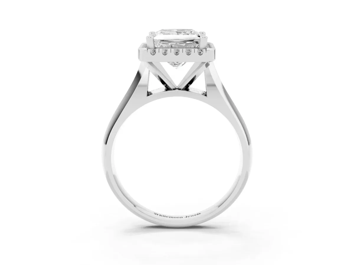 Princess Cut Cut Halo Solitaire Engagement Ring with Square Band and Four-Prong Setting Platinum