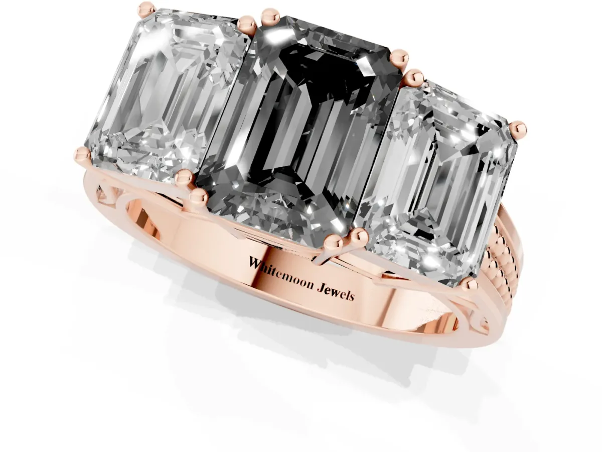Fancy Black Emerald Cut Diamond Three-Stone Ring with Prong Setting and Textured Band Rose gold