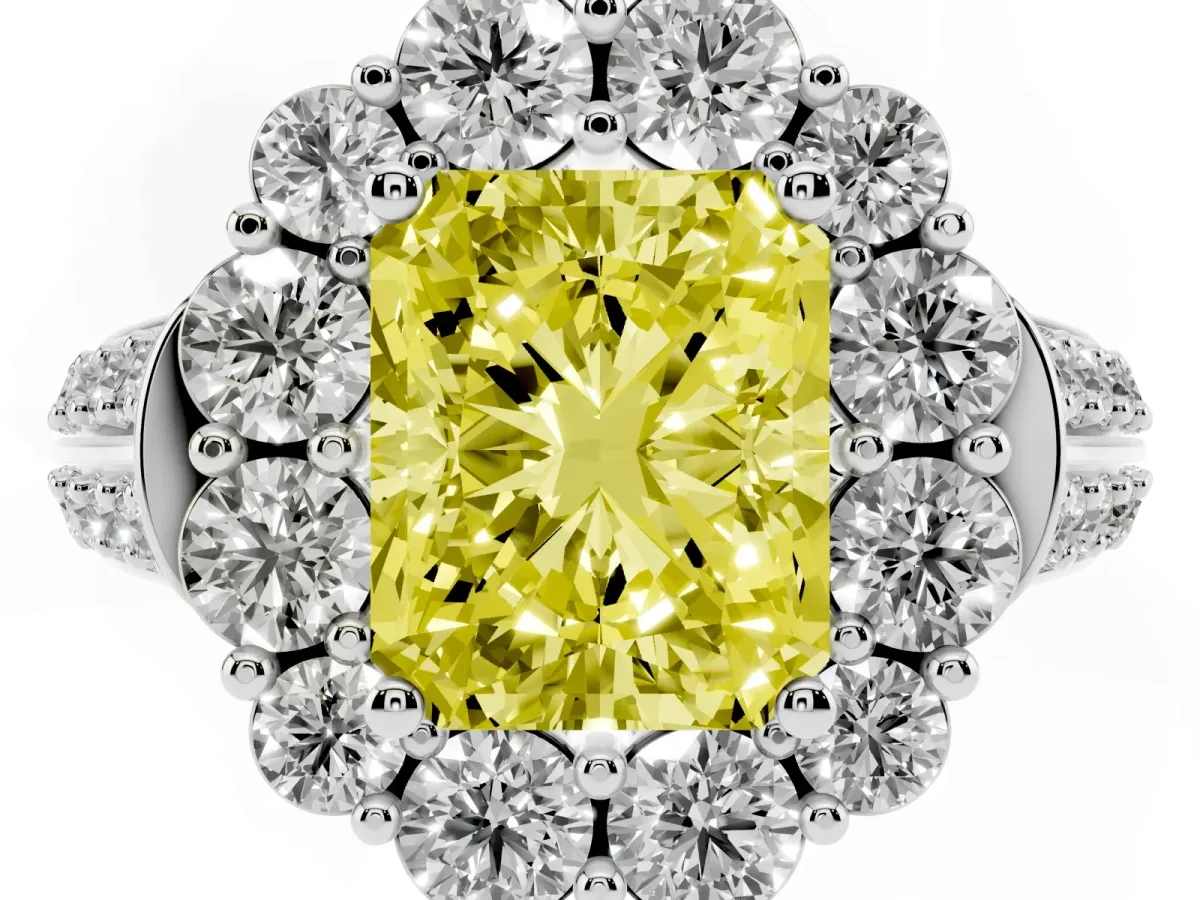 Fancy Yellow Radiant Cut Halo Diamond Engagement Ring with Split Shank and Prong Setting Silver