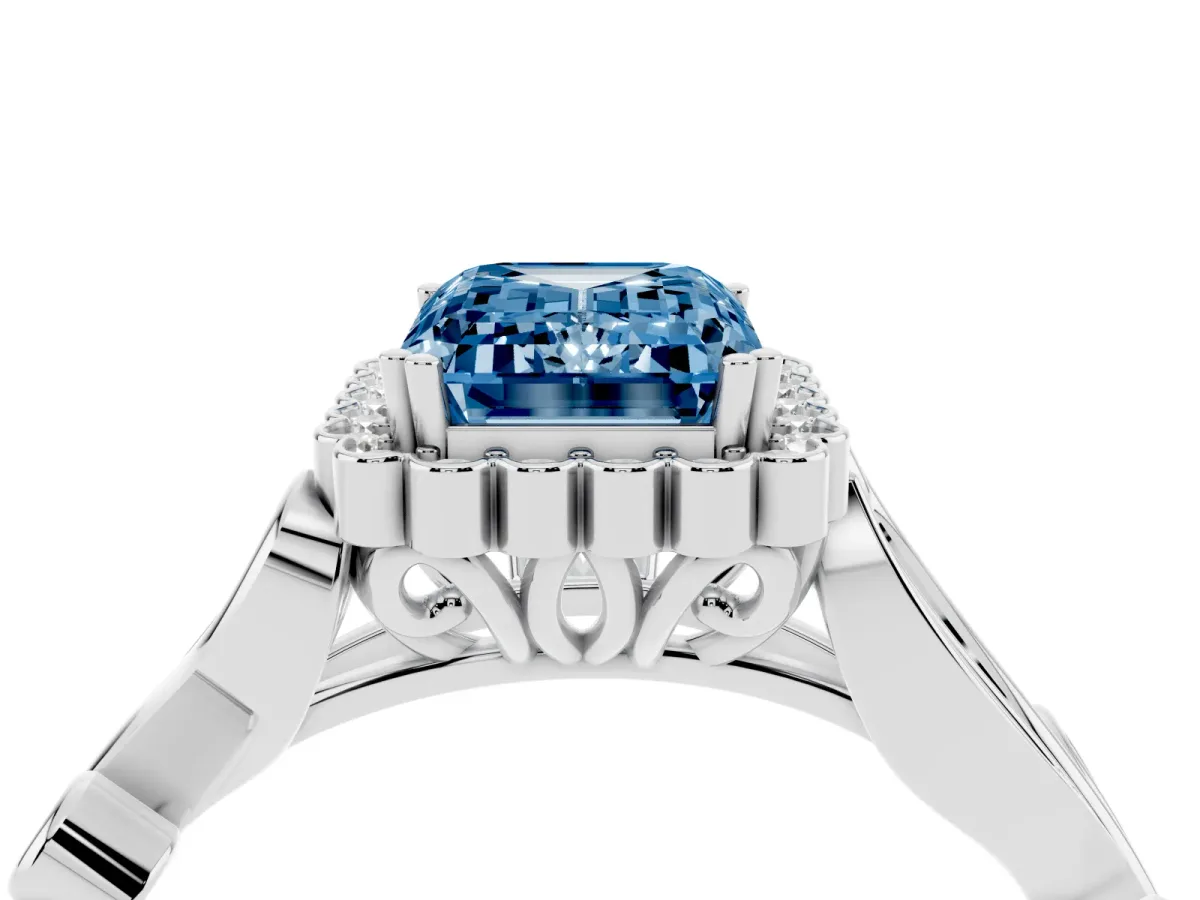 Fancy Blue Emerald Cut Diamond Halo Ring with Vintage Split Shank and Four-Prong Setting Silver