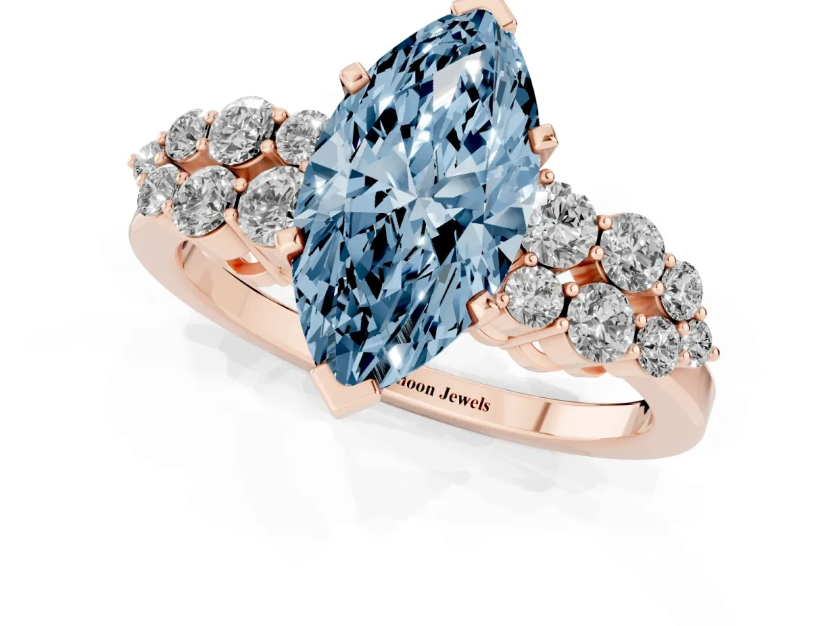 Fancy Blue Marquise Cut Cluster Diamond Engagement Ring with Pavé Band and Four-Prong Setting Rose gold