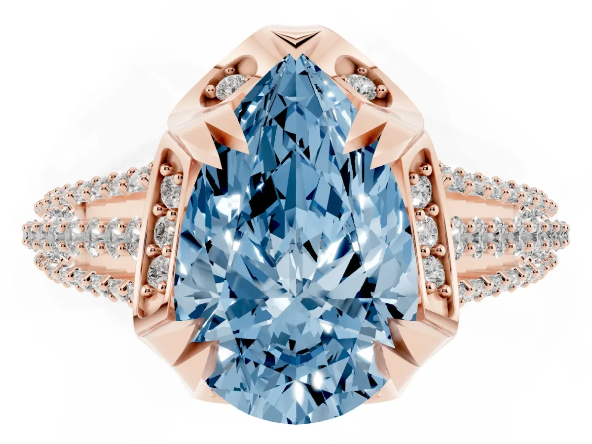 Fancy Blue Pear Cut Solitaire Pave Split Shank Ring with Four-Prong Setting Rose gold