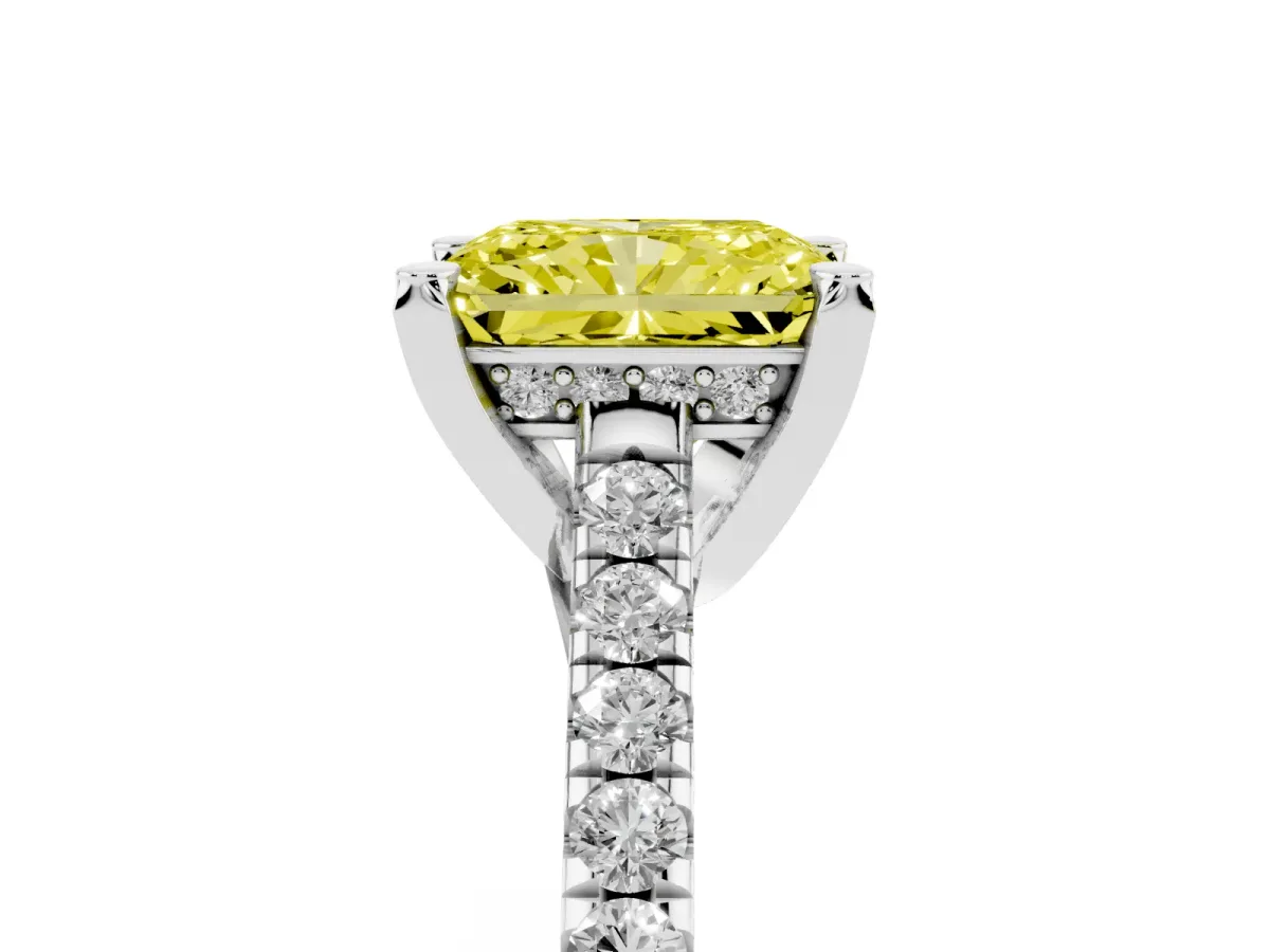 Fancy Yellow Radiant Cut Brilliant Diamond Solitaire with Pavé Band and Four-Prong Setting Platinum