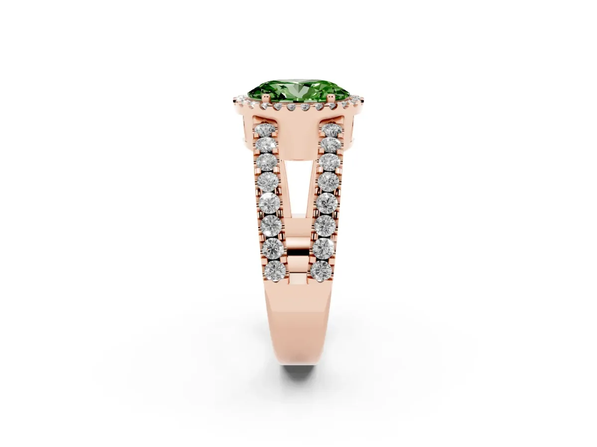 Fancy Green Oval Cut Cut Halo Split Shank Diamond Ring with Four-Prong Setting Rose gold
