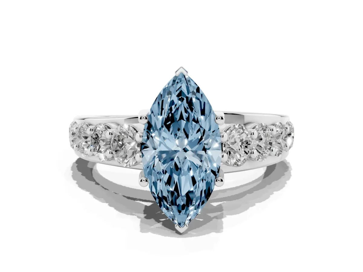 Fancy Blue Marquise Cut Diamond Engagement Ring with Pavé Band and Four-Prong Setting Silver