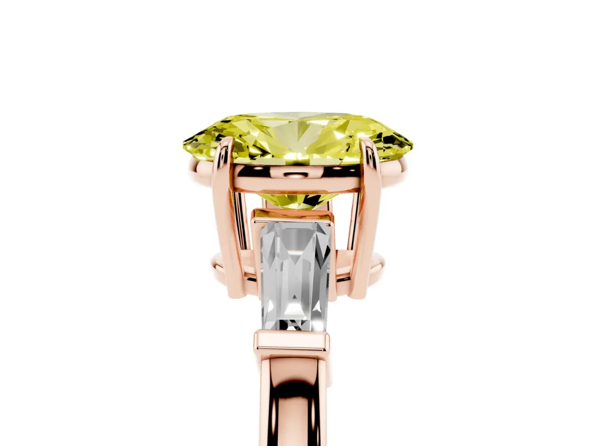 Fancy Yellow Oval Cut Diamond Three-Stone Ring with Tapered Baguette Side Stones and Prong Setting Rose gold