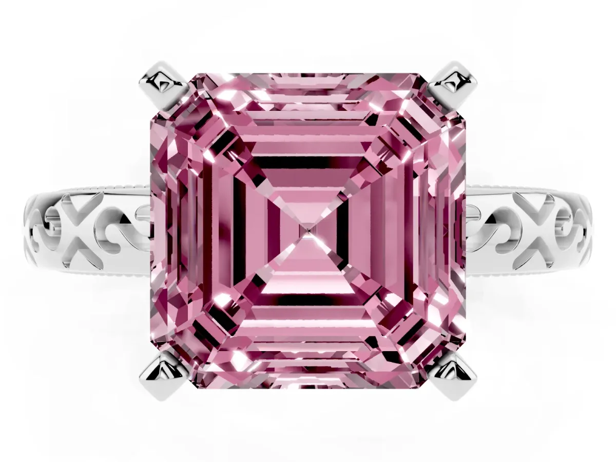 Fancy Pink Asscher Cut Solitaire Engagement Ring with Scrollwork Band and Four-Prong Setting Silver