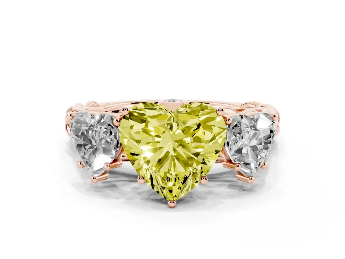 Fancy Yellow Three-Stone Heart Cut Diamond Braided Band Ring with Four-Prong Setting Rose gold