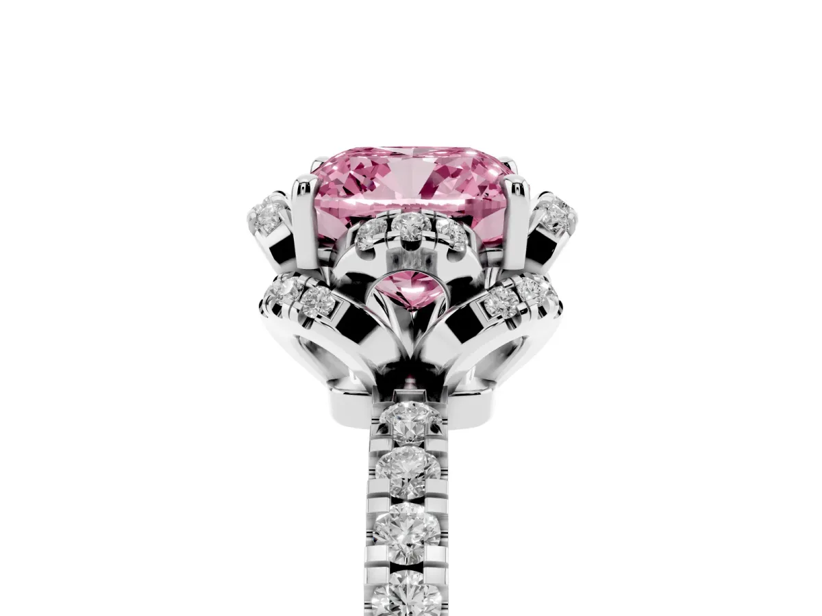 Fancy Pink Cushion Cut Diamond Halo Pave Band with Four-Prong Setting Silver