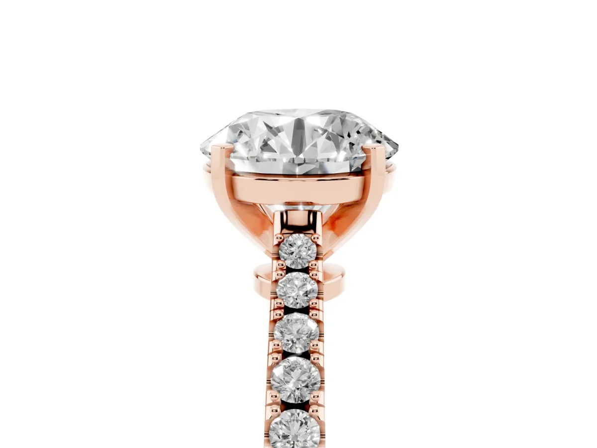 Round Cut Cut Solitaire Diamond Engagement Ring with Pave Band and Four-Prong Setting Rose gold